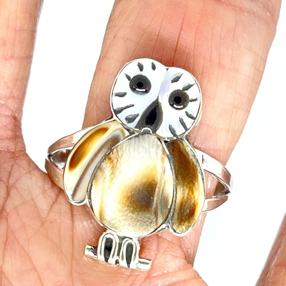 Zuni Inlay Barn Owl Ring Sz 8 Turquoise Signed Sterling Native Native America - Picture 1 of 6